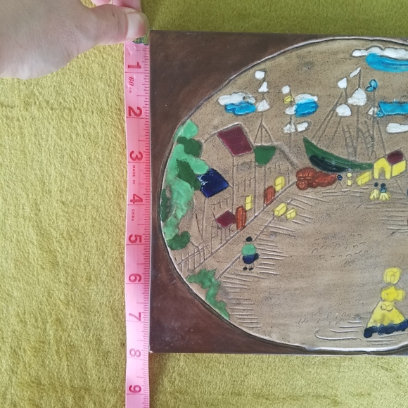 Vintage 70s Ceramic Tile Old Wold Harbor Town Scene Vtg Whimsical Unique Decor - Picture 8 of 9